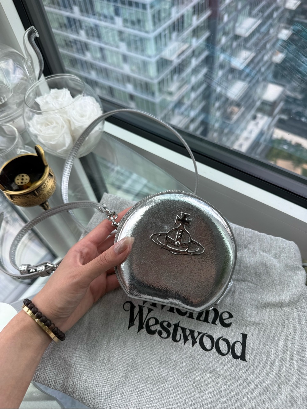 Vivienne Westwood Metallic Silver Round Mini Crossbody Bag